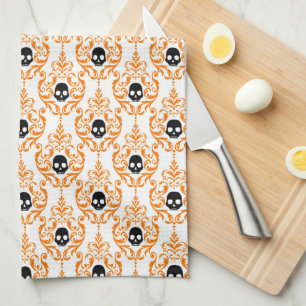 Fun Cute Orange Black Halloween Skull Tea Towel