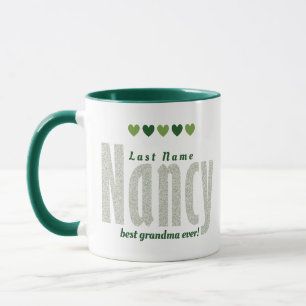 Fun, Cute Personalised "Nancy" in Green Hearts Art Mug