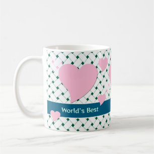 Fun, Cute Pink Hearts, Blue Green World's Best Mum Coffee Mug