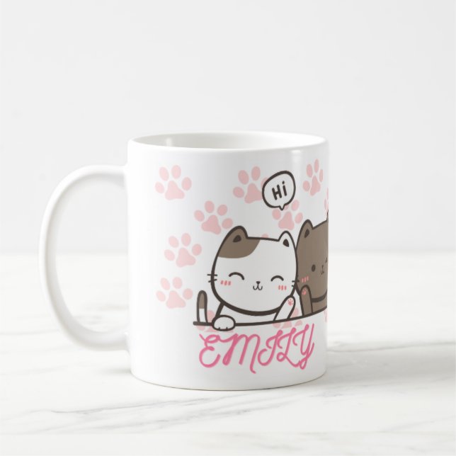 fun cute pink paws cat with your name coffee mug (Left)
