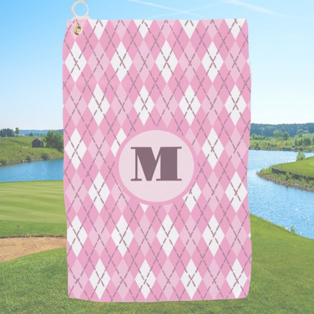 Fun Cute pink preppy argyle custom monogram ladies Golf Towel (Creator Uploaded)