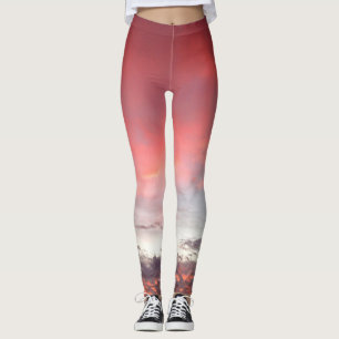 Fun, cute pink, red and white clouds sunrise photo leggings