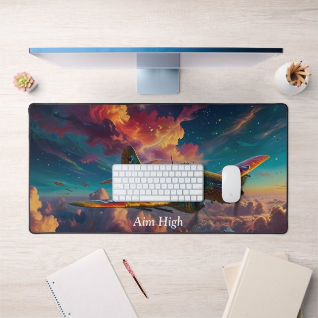 Fun Cute Plane in Colourful Clouds Desk Mat (Office 1)