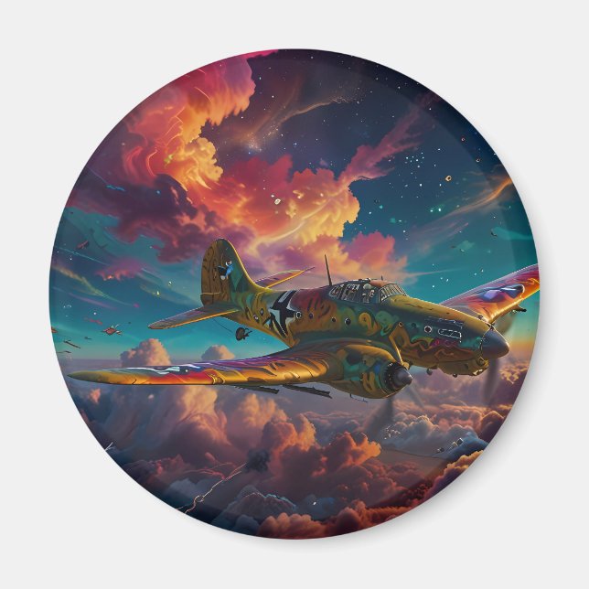 Fun Cute Plane in Colourful Clouds Magnet (Front)