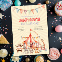 Fun Cute Red and Pink Circus Kids Birthday