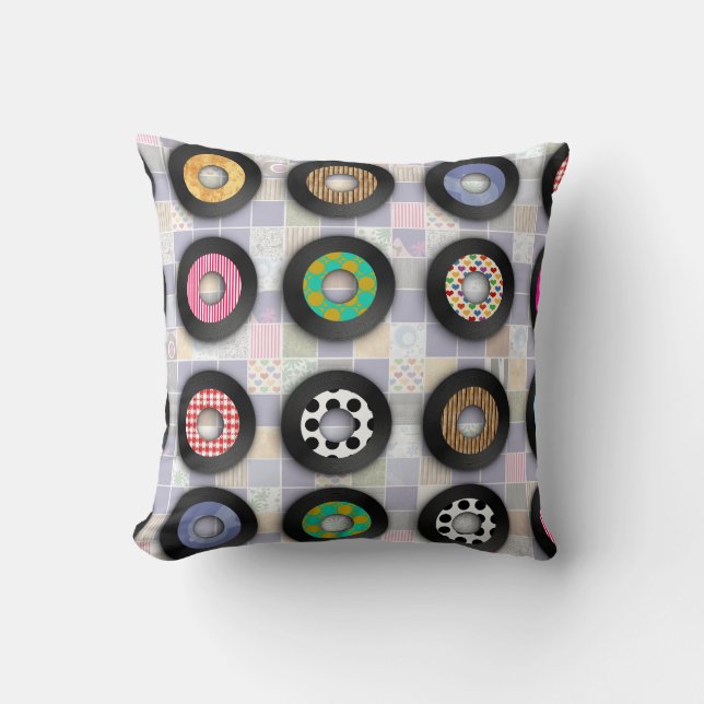 Fun Cute Retro Music Illustrated Vinyl Records Cushion (Front)