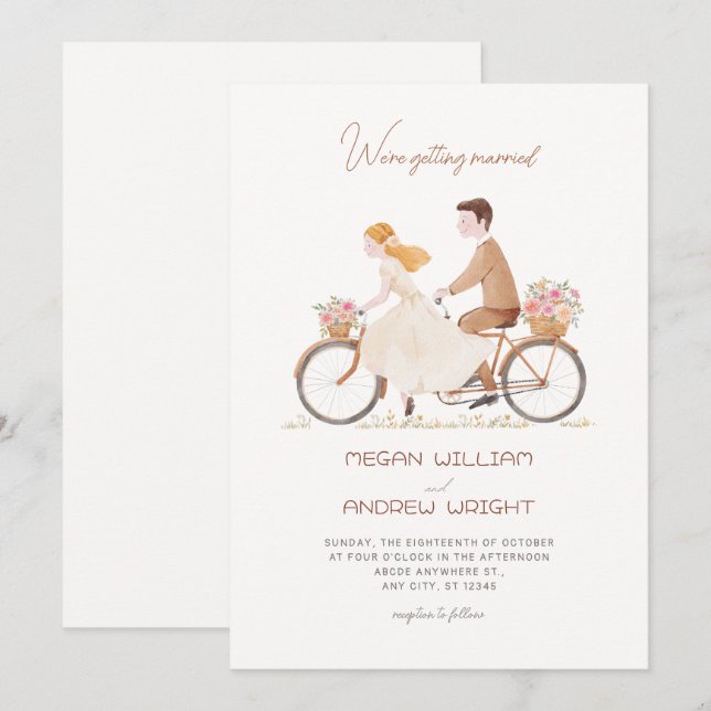 Fun cute romantic floral couple hand drawn wedding invitation (Front/Back)