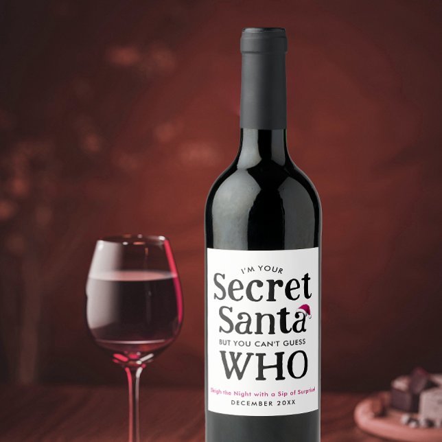 Fun Cute Secret Santa Joke Red Hat Modern Script   Wine Label (Creator Uploaded)