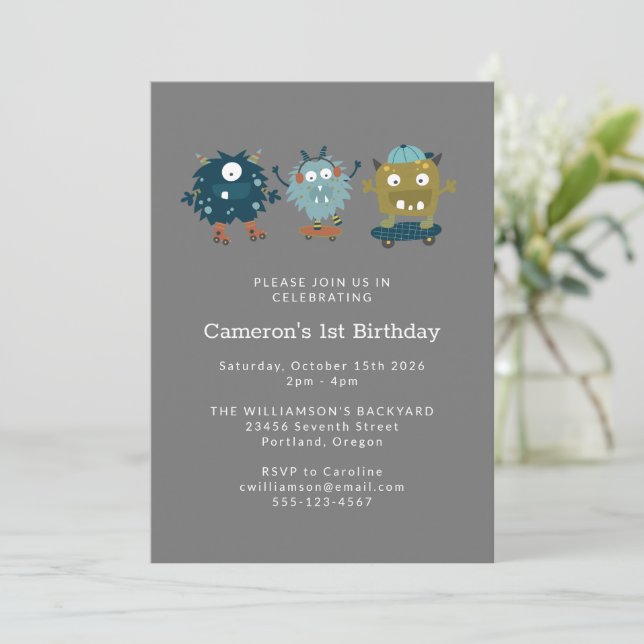 Fun Cute Skateboard Monster 1st Birthday Party  Invitation (Standing Front)