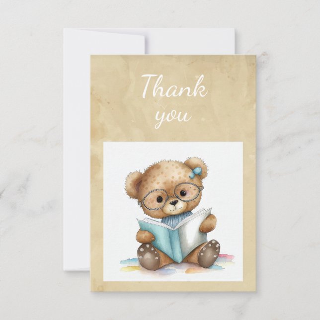 Fun Cute Teddy Bear Reading Books Thanks Thank You Card (Front)