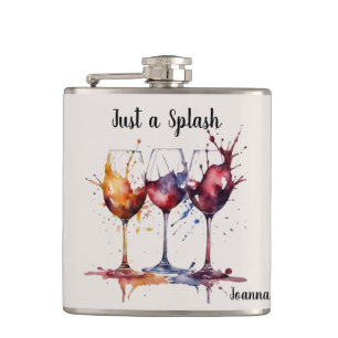 Fun Cute Watercolor Just A Splash of Wine Name  Hip Flask