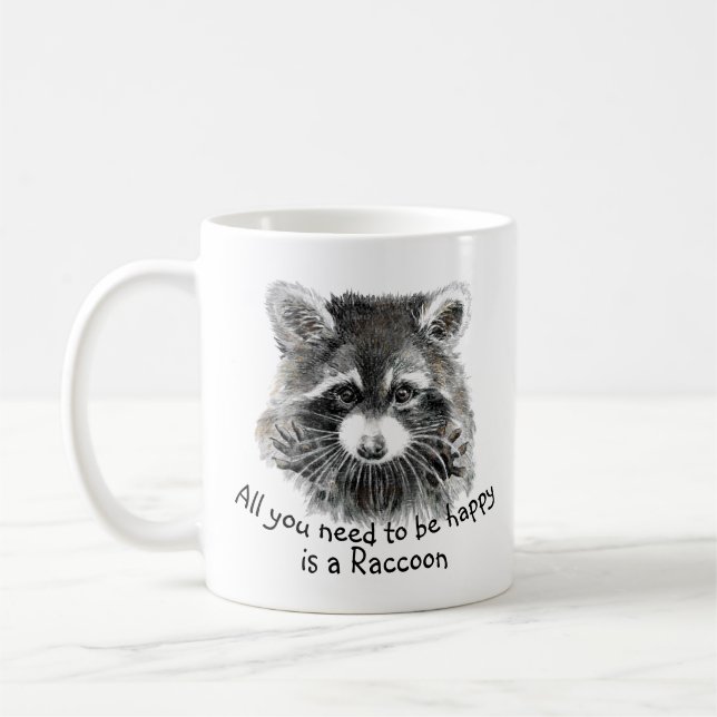 Fun Cute Watercolor Racoon Cheerful Inspirational Coffee Mug (Left)
