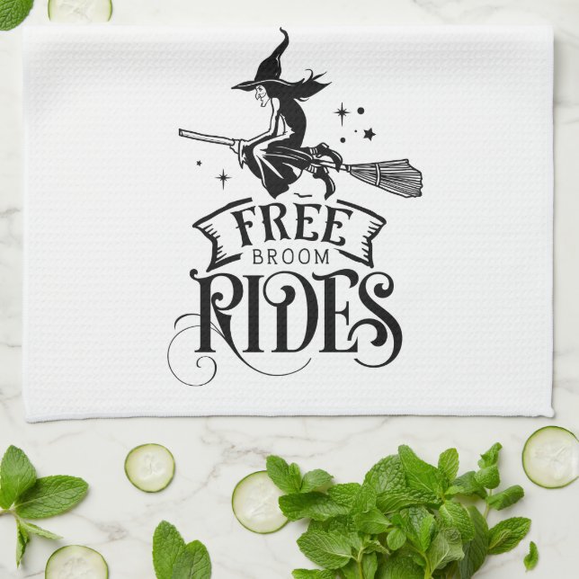 Fun Cute Witch Free Broom Rides Halloween Tea Towel (Folded)