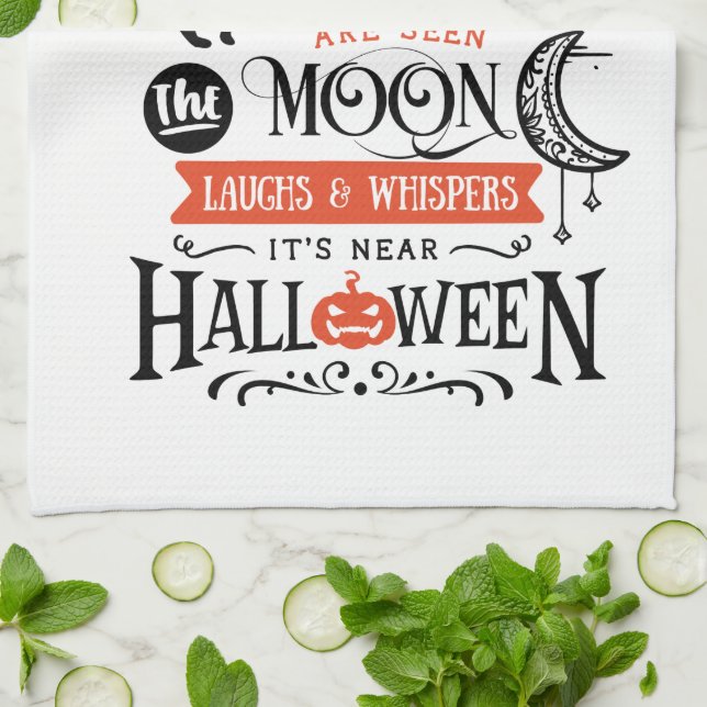 Fun Cute Witch Moon Black Cats Halloween Tea Towel (Folded)