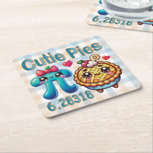 Fun “Cutie Pies” Cute Pi Symbol & Pie Pun Square Paper Coaster