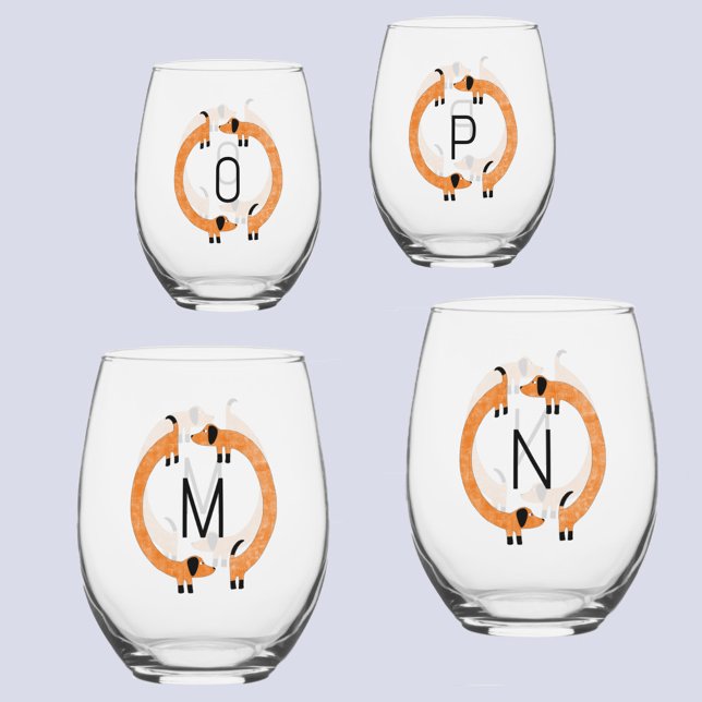 Fun Dachshund Wiener Sausage Dog Monogram Initial Stemless Wine Glass (Fun Dachshund Wiener Sausage Dog monogram initial personalized glasses)