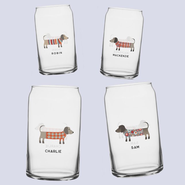 Fun Dachshund Wiener Sausage Dog Personalised Name Can Glass (Fun Dachshund Wiener Sausage Dog personalized name glasses)