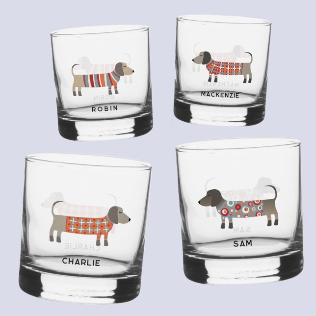 Fun Dachshund Wiener Sausage Dog Personalised Name Whiskey Glass (Fun Dachshund Wiener Sausage Dog personalized name glasses)