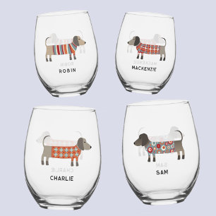 Fun Dachshund Wiener Sausage Dog Personalized Name Stemless Wine Glass