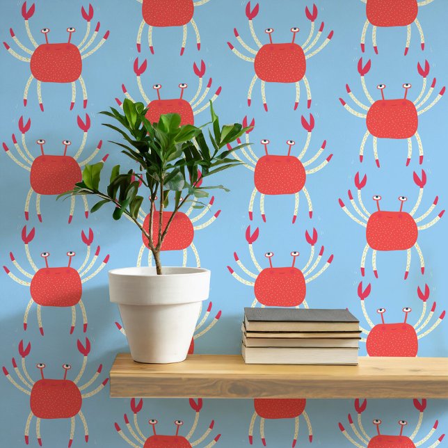 Fun Dancing Crab Coastal Pattern Wallpaper (Dancing crabs fun coral and blue peel and stick wallpaper for coastal home decor)