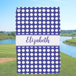 Fun Dark Blue polka dots custom name ladies Golf Towel