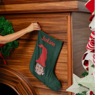Fun Dark green Elf Hat & Photo & Named  Large Christmas Stocking