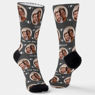 Fun Dark Grey Newlyweds Photo Pattern Socks