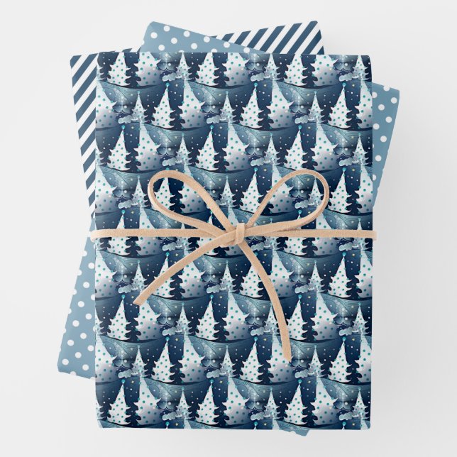 Fun Dark Light Blue Abstract Pine Tree Pattern Wrapping Paper Sheet (In situ)