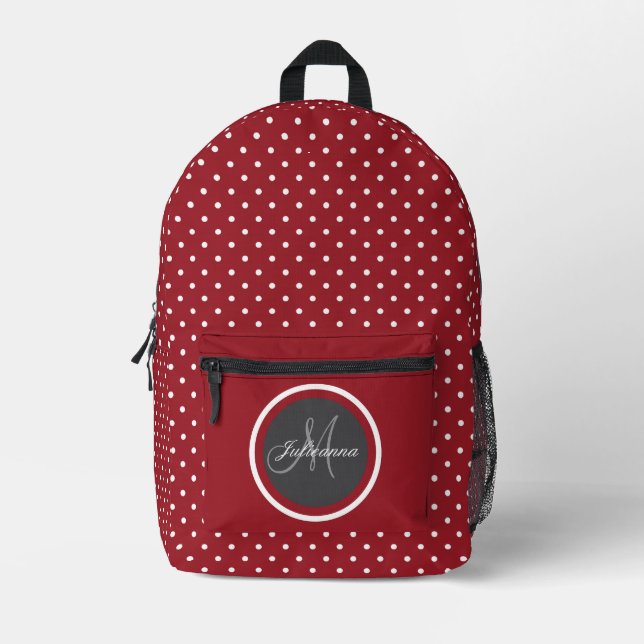 Fun Dark Red with White Polka Dots - Personalised  Printed Backpack (Front)