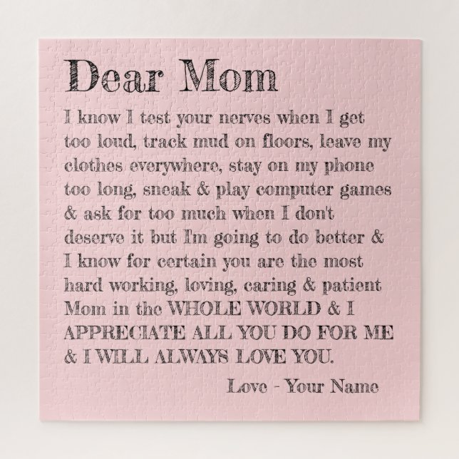 Fun Dear Mum Typography Pink Grey Personalised  Jigsaw Puzzle (Vertical)