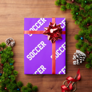 Fun Diagonal White SOCCER Text On Bright Purple Wrapping Paper