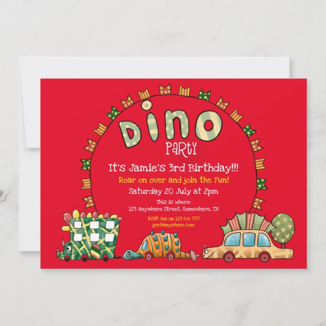 Fun Dino Cars and Flags Boys Dinosaur Party Red Invitation (Front)