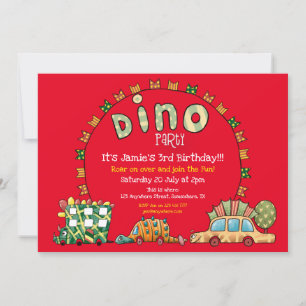 Fun Dino Cars and Flags Boys Dinosaur Party Red Invitation