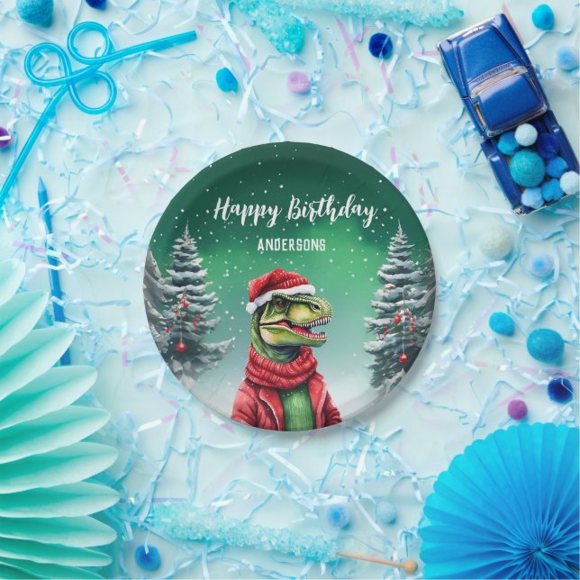 Fun Dino Christmas tree birthday boys snow party Paper Plate (Party)