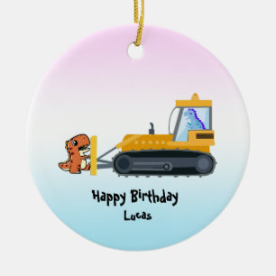 Fun DINO dinosaur tractor Farm School Birthday boy Ceramic Tree Decoration