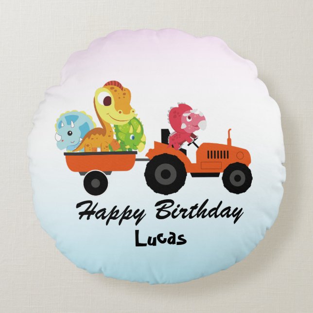 Fun DINO dinosaur tractor Farm School Birthday boy Round Cushion (Front)