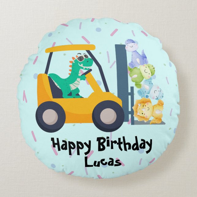 Fun dino tractor Truck Birthday School boy kids Round Cushion (Front)