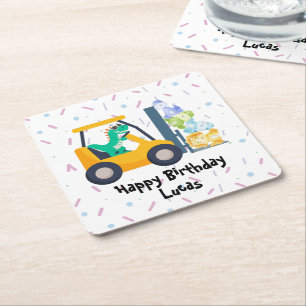 Fun dino tractor Truck Birthday School boy kids Square Paper Coaster