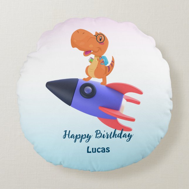 Fun dinosaur colourful rocket School Birthday part Round Cushion (Front)