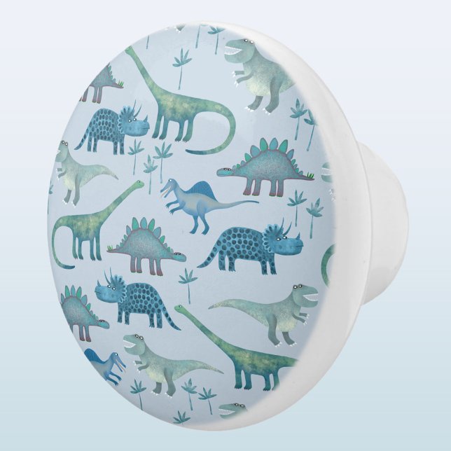 Fun Dinosaur Pattern Blue Ceramic Knob (Fun dinosaur pattern ceramic pull or knob)