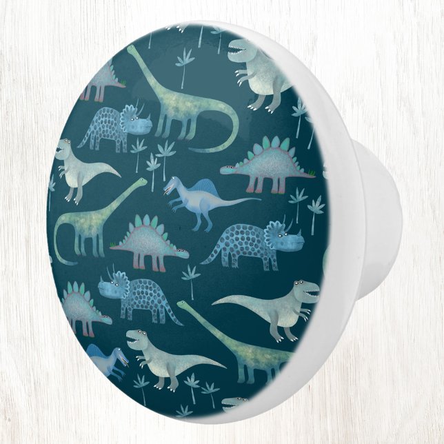 Fun Dinosaur Pattern Blue Teal Green Ceramic Knob (Fun dinosaur ceramic door pull or knob)