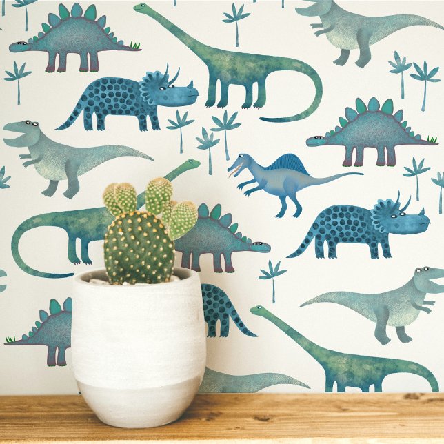 Fun Dinosaur Pattern Blue White Kids Wallpaper (Dinosaur Tyrannosaurus Rex Stegosaurus triceratops diplodocus kids peel and stick wallpaper)