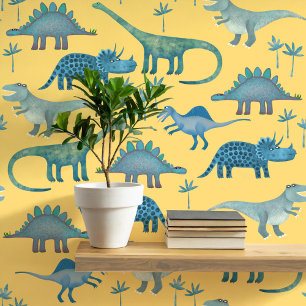 Fun Dinosaur Pattern Blue Yellow Wallpaper