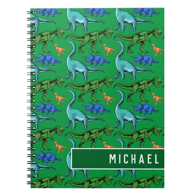 Fun Dinosaur Pattern Kids Green Name School Notebook (Front)