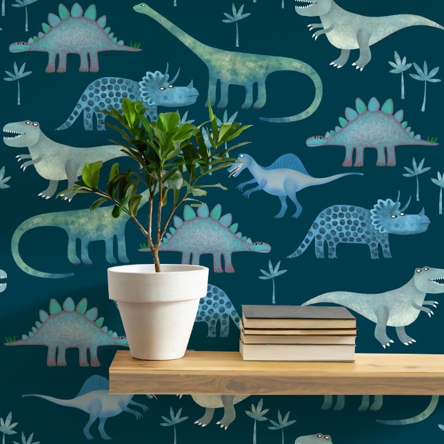 Fun Dinosaur Pattern Teal Green Wallpaper (Dinosaur Tyrannosaurus rex, stegosaurus, triceratops diplodocus teal green peel and stick wallpaper)