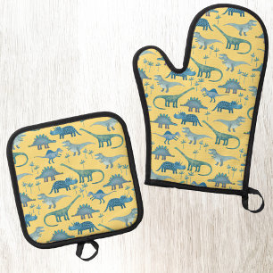 Fun Dinosaur Pattern Yellow Oven Mitt & Pot Holder Set