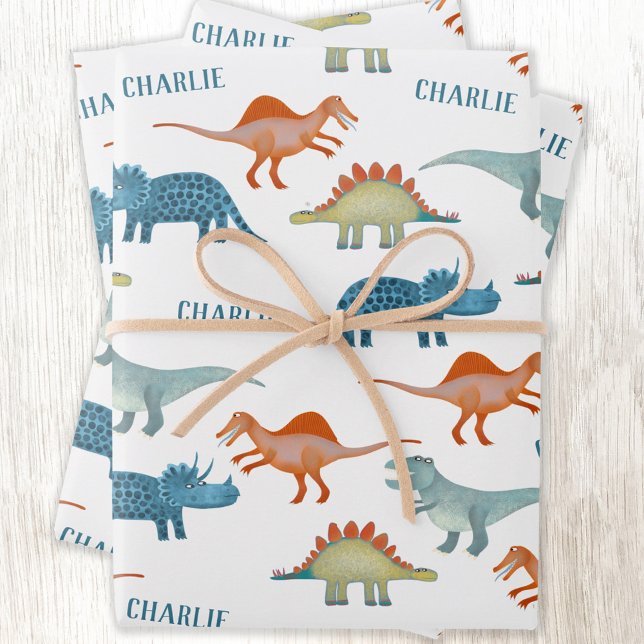 Fun Dinosaur Personalised Name Wrapping Paper Sheet (Unique personalized kids name dinosaur wrapping paper)