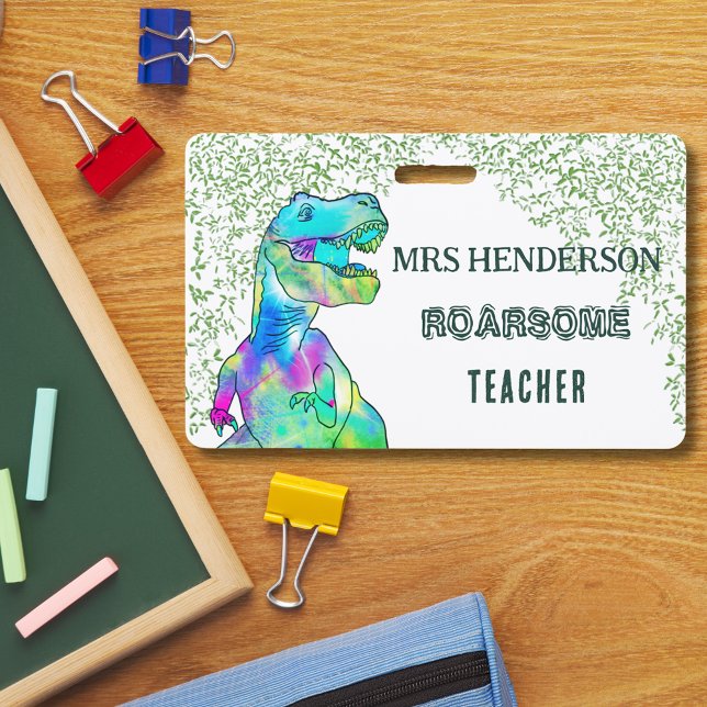 Fun Dinosaur Roarsome School Teacher Name ID Badge (Fun T-Rex dinosaur roarsome school teacher personalized badge lanyard modern green typography )