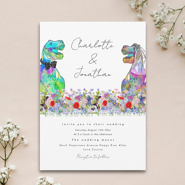 Fun Dinosaur Theme Colourful Wildflower Invitation (Fun dinosaur theme wedding invitation with colorful watercolor wildflowers)