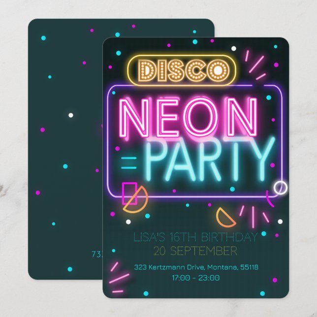Fun Disco Neon 16th party Invitation (Front/Back)